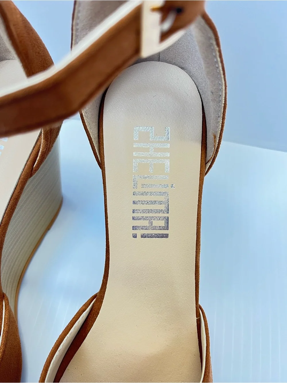 Tan Suede-Like Ankle-Strap Wedge Heels